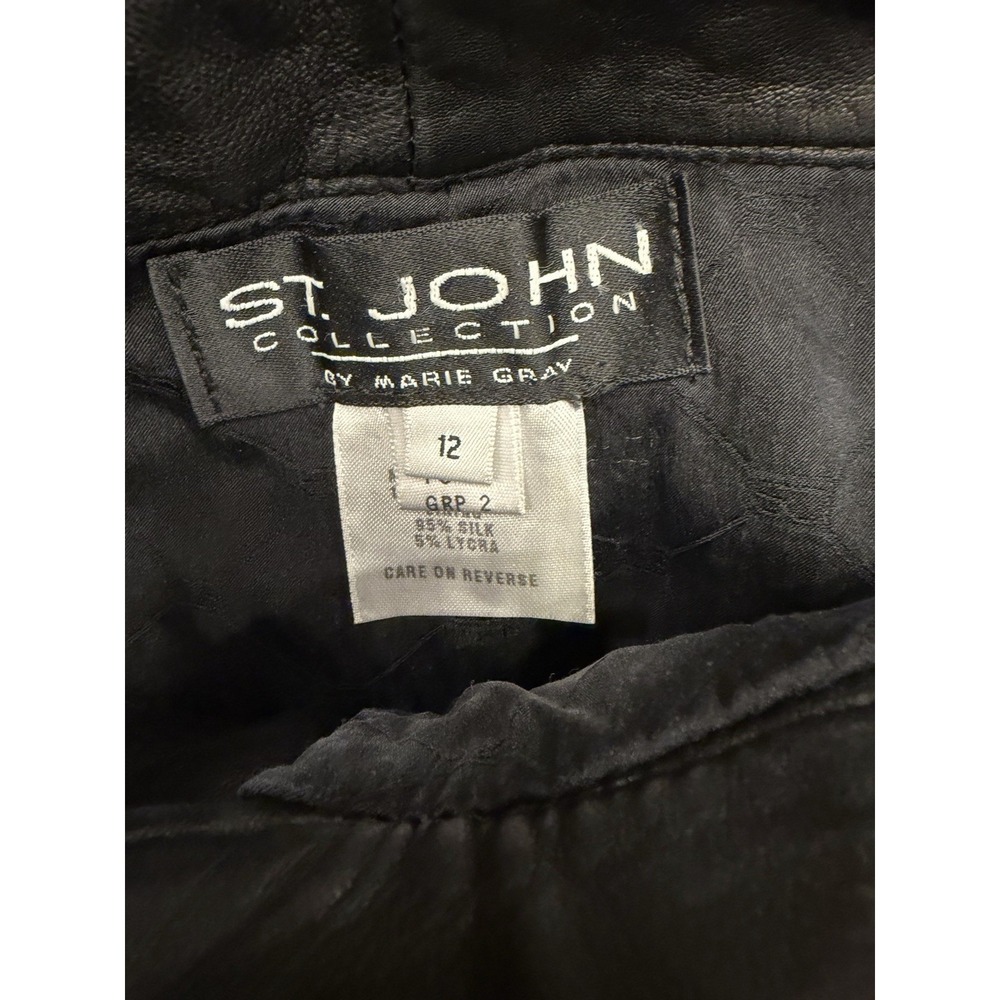 St.John Collection, Black Leather Pants Gold Accent Buttons Moto Size 12 Silk - Picture 3 of 5